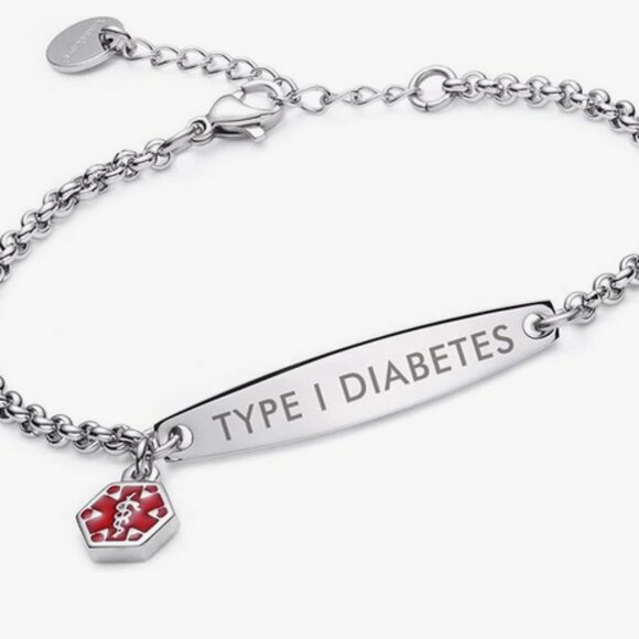 New! Diabetes Type 1 Simple Chain With Charm Medical ID Stainless Steel Bracelet - Picture 1 of 4
